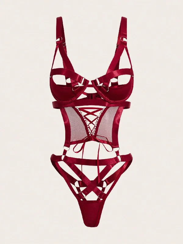 Solid Lace Up Cut Out Teddy Bodysuit