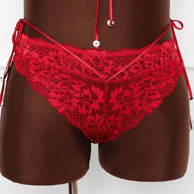 Lacy Crotchless Pom Pom Panty - Red